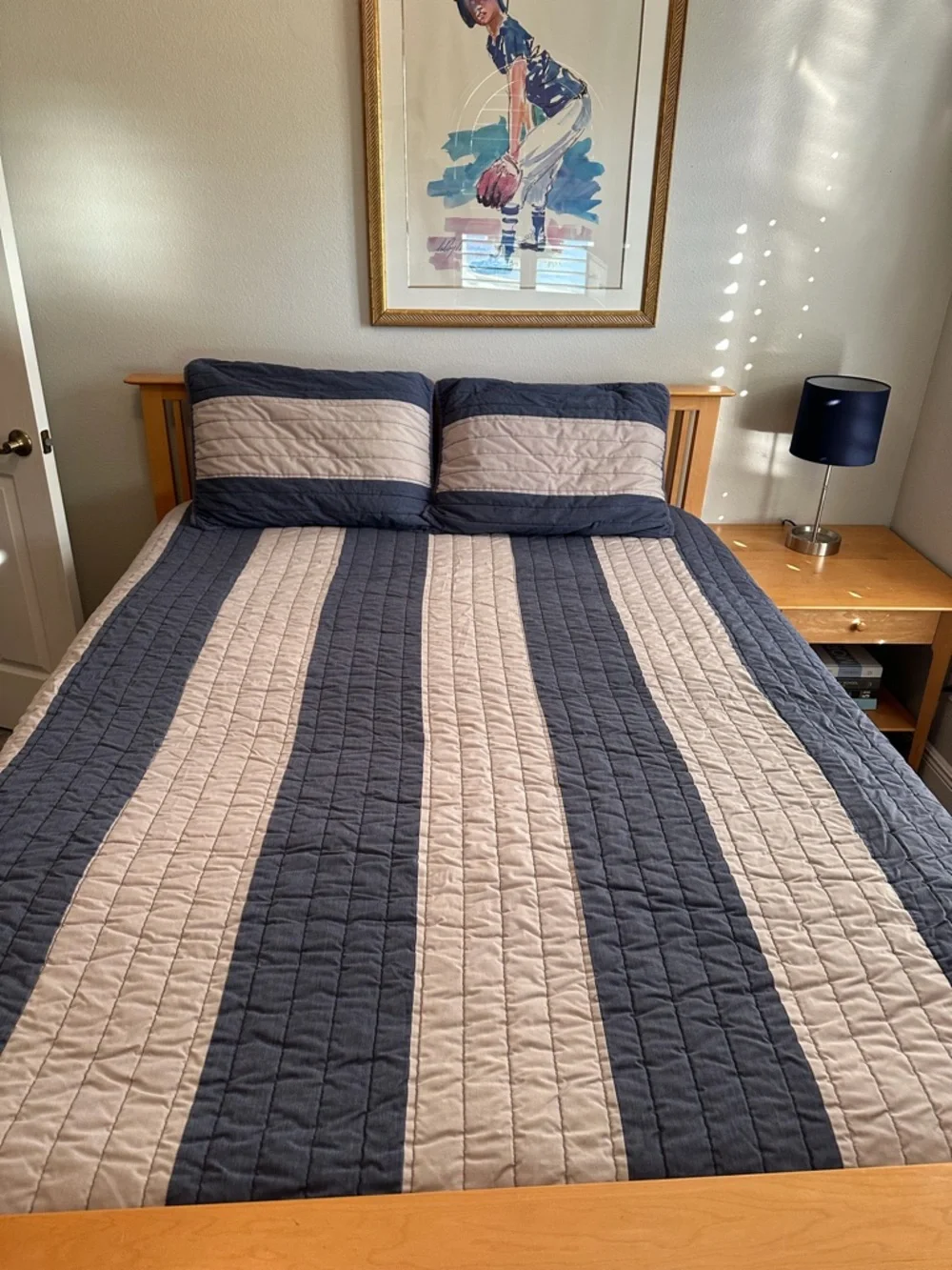 Pottery Barn Teen Navy and Beige Striped Quilted Coverlet Set